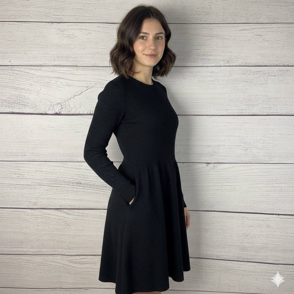Boden Black Wool Blend Knit Fit & Flare Dress Sz 12 Long Sleeve Back Button Rib - Picture 3 of 9